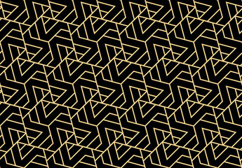 Abstract geometric pattern with stripes, lines. Seamless vector background. Gold and black ornament. Simple lattice graphic design