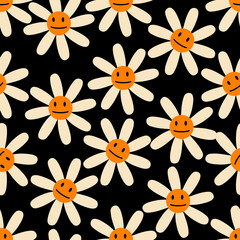 Groovy camomile flowers with smiling faces seamless pattern. Psychedelic print for tee, paper, fabric, textile. Retro vector illustration for decor and design.