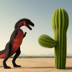 A dinosaur figthing whit a cacti
