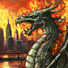 An medieval oil paint of a dragon a with city in the background in flames