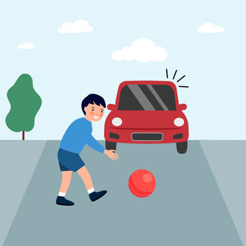 Boy playing ball in front of moving car in flat design. Child car accident concept vector illustration.