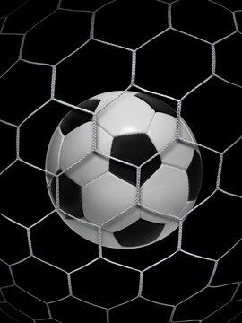 Shoot soccer ball in goal, net on black isolated background