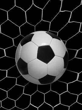 Shoot soccer ball in goal, net on black isolated background