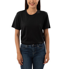 Young woman in black T shirt mockup cutout, Png file.
