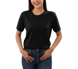 Obraz premium Young woman in black T shirt mockup cutout, Png file.