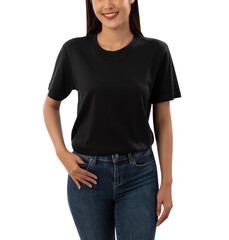 Obraz premium Young woman in black T shirt mockup cutout, Png file.