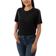 Young woman in black T shirt mockup cutout, Png file.