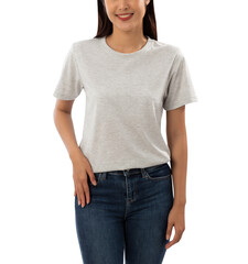 Obraz premium Young woman in grey T shirt mockup cutout, Png file.