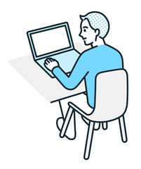デスクに座る男性。パソコンで仕事をするビジネスマンのイラスト素材。