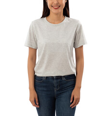 Fototapeta premium Young woman in grey T shirt mockup cutout, Png file.