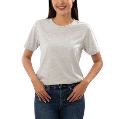 Fototapeta premium Young woman in grey T shirt mockup cutout, Png file.