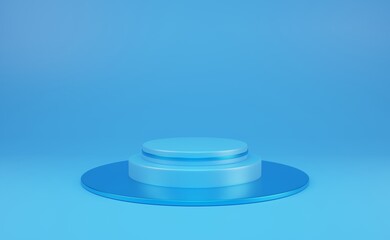 Abstract blue 3D room with realistic blue cylinder pedestal podium set. Minimal scene for product display presentation. Illustration stage for showcase. 3d rendering.