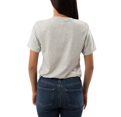 Young woman in grey T shirt mockup cutout, Png file.