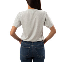Young woman in grey T shirt mockup cutout, Png file.