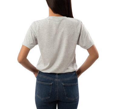 Young Woman In Grey T Shirt Mockup Cutout, Png File.