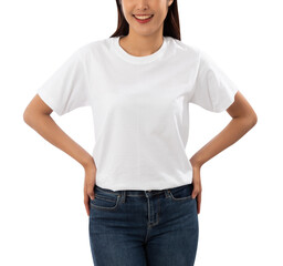 Young woman in white T shirt mockup cutout, Png file.