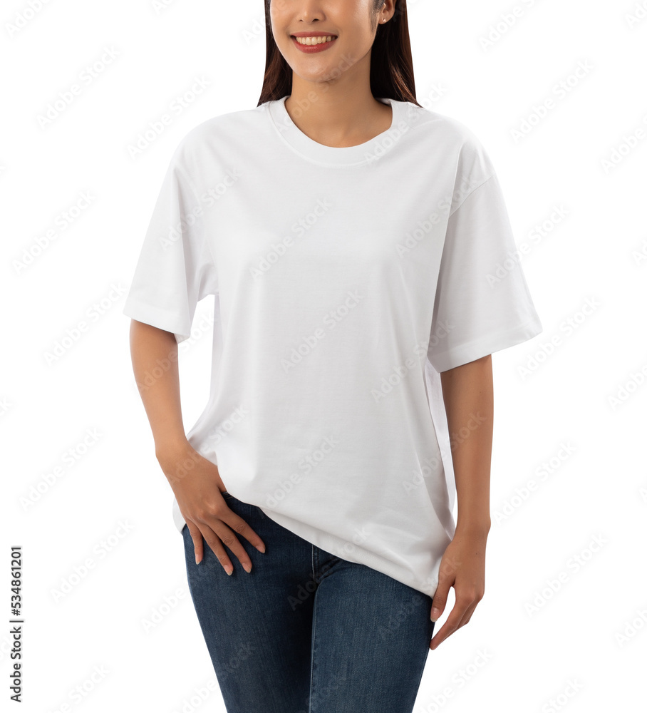 Poster Young woman in white oversize T shirt mockup cutout, Png file.