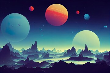 Fototapeta premium Alien planet landscape for space game background. cartoon fantasy illustration of cosmos and planet surface with rocks, cracks, glowing spots and mist for gui game design