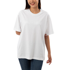 Young woman in white oversize T shirt mockup cutout, Png file.