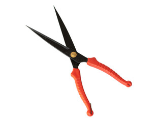 Hedge trimmer with red plastic handles on white isolated background