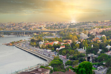 Fototapeta na wymiar Istanbul city view from Pierre Loti Teleferik station overlooking Golden Horn, Eyup District, Istanbul, Turkey, before sunset