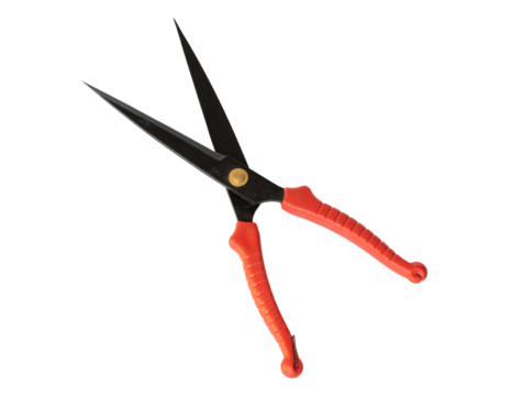 Hedge trimmer with red plastic handles on white isolated background
