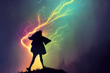 The silhouette of a fantasy hero with a long cloak fluttering in the wind, he confidently goes forward raising his fist up, which is hit by bright lightning, torrential rain pours on him 2d art - obrazy, fototapety, plakaty