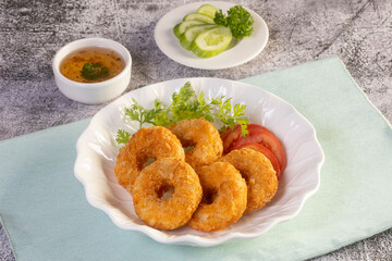 Deep fried shrimp cake on white plate, Thai food