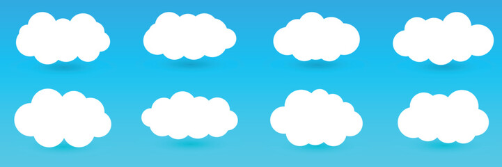 Clouds Set Isolated On A Blue Background. Simple Cute Cartoon Design. Icon Or Logo Collection. Realistic Elements. Flat Style Vector Illustration.