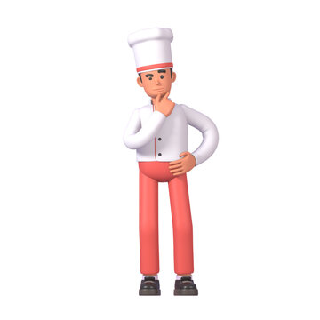 3d render of cheerful cook in white uniform thinking, making decision