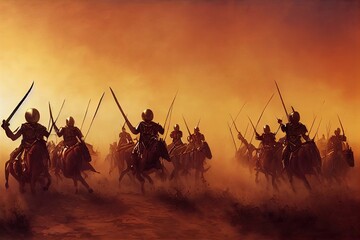 A squad of heavy cavalry in plate armor are rushing into battle with spears lances. they have a helmet in the form of a crown and shields with the sun sign, background of a dusty bright sunset. 2d art - obrazy, fototapety, plakaty