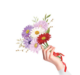 Obraz na płótnie Canvas 菊, 赤, ピンク, 葉, リボン, 手, 手持ち, 花束, お祝い, おめでとう, 美しさ, 花, 贈り物