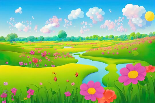 Cartoon spring landscape. Art illustration. 3d background