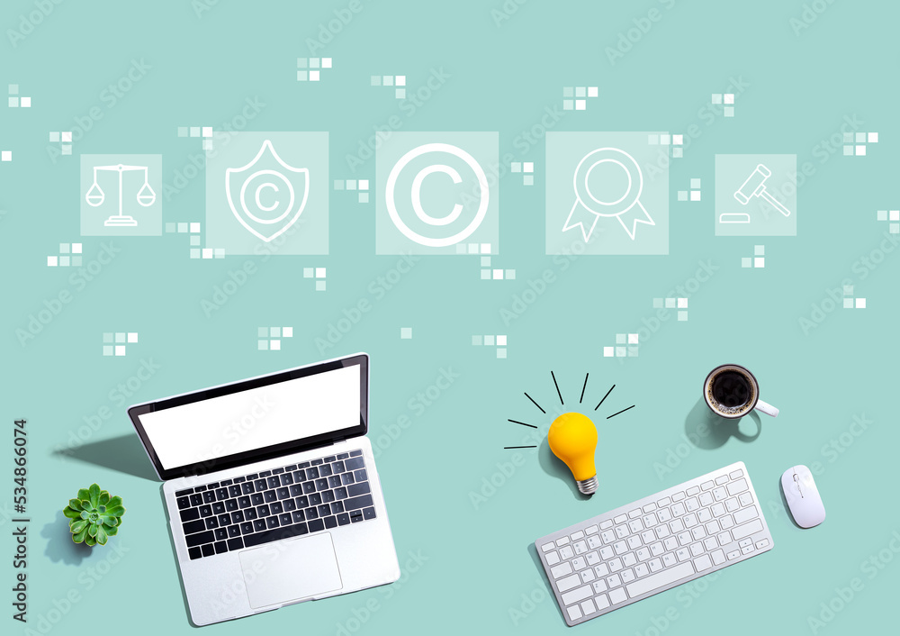 Aufkleber copyright concept with computers with a light bulb