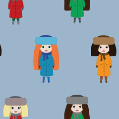 Cute little girls dressed for different seasons on a  blue background. Girlish backgroundPerfect for little girl design