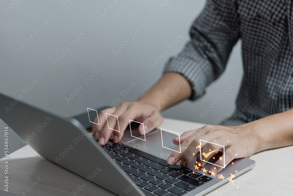 Poster business people use laptop computers survey and rate satisfaction give a 5 star shape on a virtual d