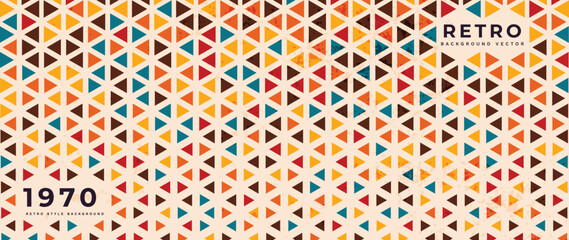 Abstract colorful 70s background vector. Vintage retro style wallpaper with geometric shape, triangle, grunge texture. 1970 color illustration design suitable for poster, banner, decorative, wall art.