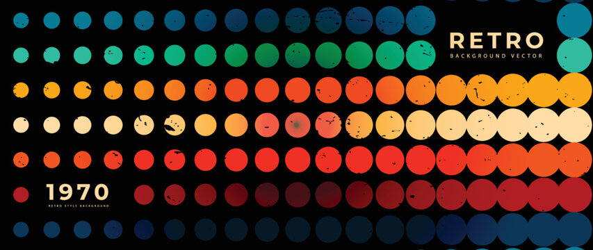 Fototapeta Abstract colorful 70s background vector. Vintage retro style wallpaper with circles pattern, dot, rainbow, grunge. 1970 color illustration design suitable for poster, banner, decorative, wall art.