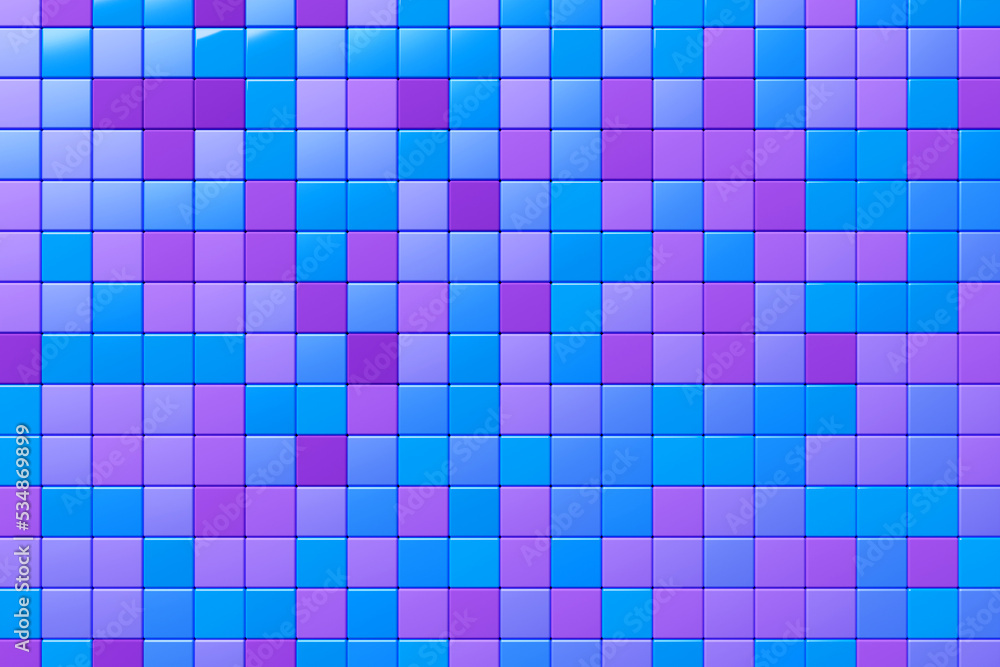 Poster 3d rendering. purple and blue pattern of cubes of different shapes. minimalistic pattern of simple s