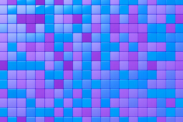 3D rendering. Purple and blue  pattern of cubes of different shapes. Minimalistic pattern of simple shapes. Bright creative symmetric texture