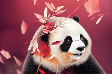A fantasy Japanese panda dressed as a cardinal in a magical enchanted place. Artistic abstract beautiful animal. Perfect for phone wallpaper or for posters. 3D Rendering. 3D Illustration