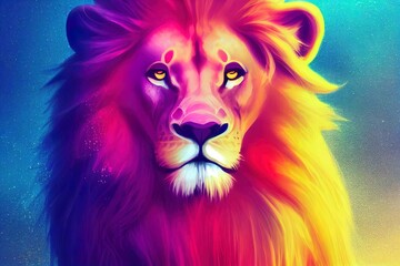 A fantasy lion in the midst of colorful flowers in a magical enchanted place. Artistic abstract beautiful animal. Perfect for phone wallpaper or for posters. 3D Illustration