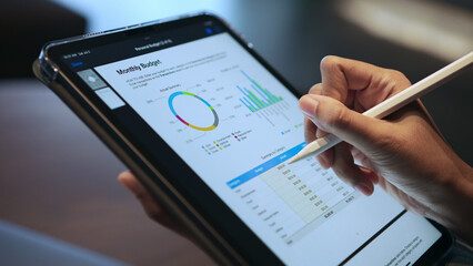 Close-up or closeup of young woman's hand is using a tablet and stylus to check details of...