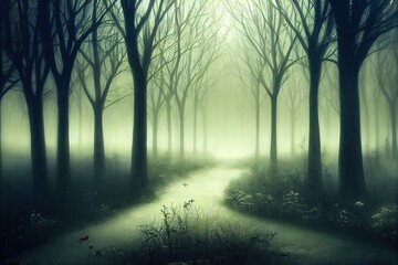 Fototapeta na wymiar Archway in an enchanted fairy forest landscape, misty dark mood, can be used as background