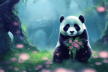 A fantasy panda with flowers and a beautiful magical fairy tale enchanted forest. Artistic abstract beautiful nature. Perfect for phone wallpaper or for posters.