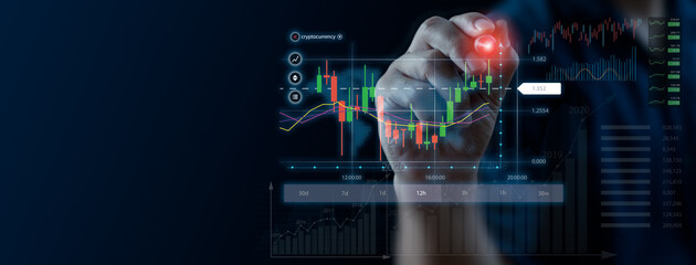 Trader man Drawing at a growing virtual hologram stock. Invest in trading