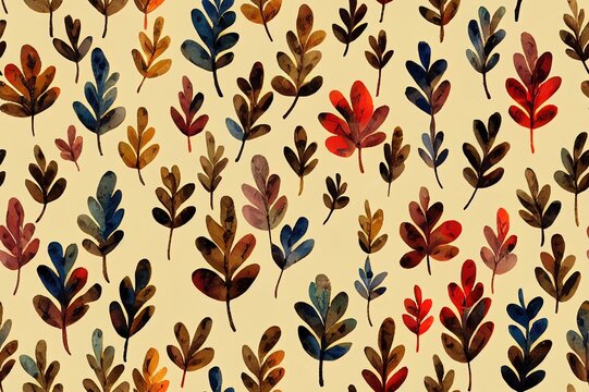 Beautiful seamless pattern with watercolor fall leaves and flowers for decoration design. Floral compositions. Hand drawn illustration. Natural autumn background, wallpaper, textile design