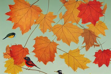 Fototapeta premium Autumn illustration of mail box with letter, yellow maple leaf, autumn branches with leaves and berries and little bird on white background