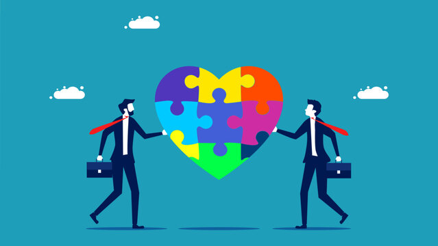 cooperation. Businessmen helping to assemble a heart jigsaw puzzle vector