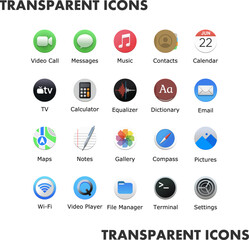 Transparent icons for web and mobile applications set. Desktop icon pack. Round Premium smartphone app shortcuts. Customize theme. Vector illustration